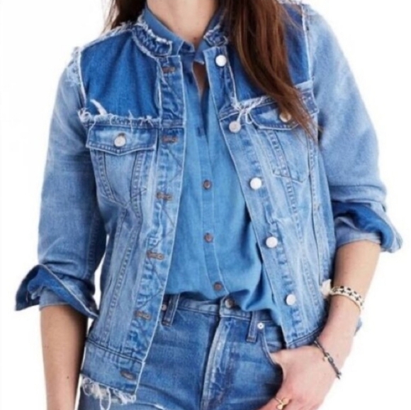 Madewell Thunder Cloud Distressed Collarless Denim Jacket XS - Picture 4 of 8